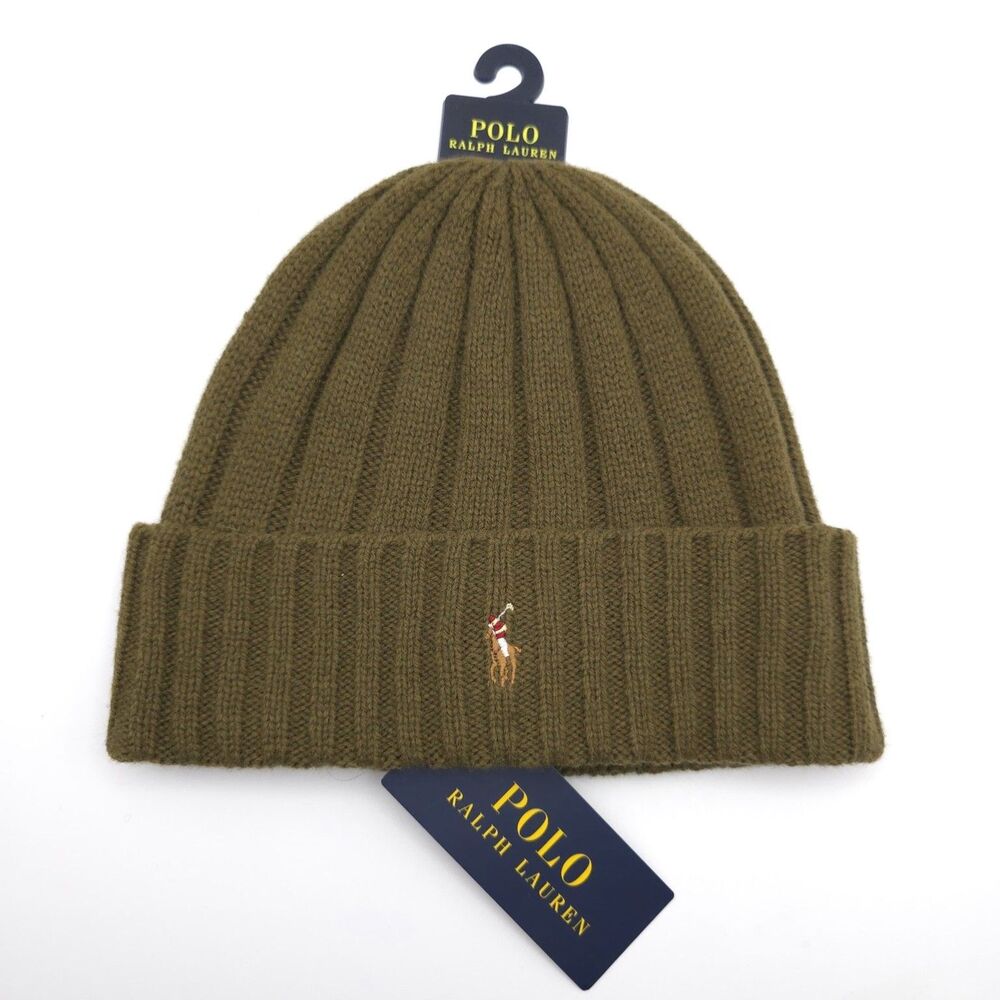 POLO RALPH LAUREN New Olive Green Rib‎ Knit Wool Blend Beanie Hat One Size